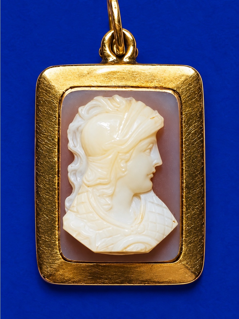 10k Vintage Gold Rectangular Pendant with White Cameo on Lavender Field